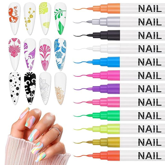 MKNZOME 12 Color Nail Art Pens for Painting Nails, 0.7 MM 2026 Fluorescent Nail Polish Pens Drawing Point Liner Acrylic Painted Pen Kit, DIY Design Manicure Tools Christmas Gifts