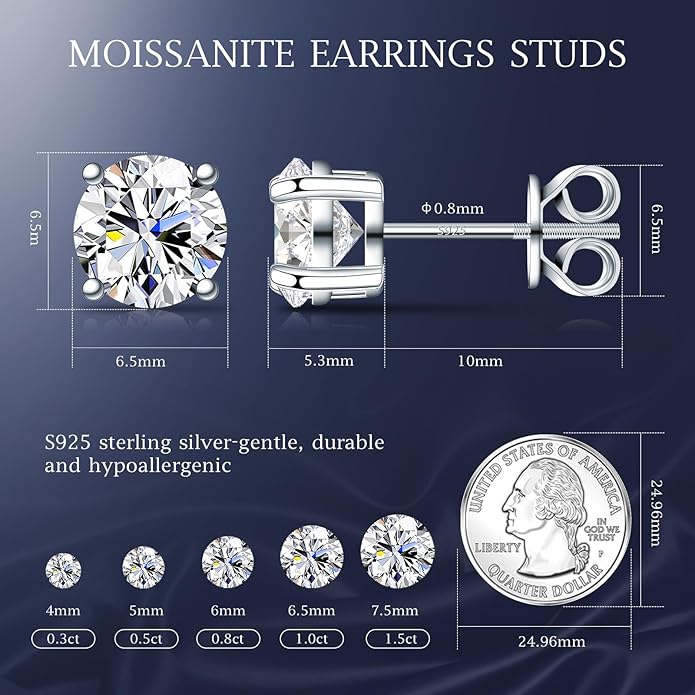 Velelia Moissanite Earrings for Men Women, 0.2ct-3.0ct Men 925 Sterling Silver Earrings, Round Cut Diamond Stud Earrings for Women