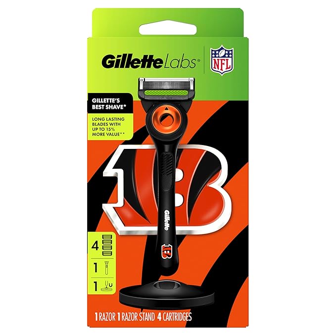 Gillette Labs Special NFL Bengals Edition Shaving Razor for Men - 1 Handle, 4 Razor Blade Refills & Magnetic Stand, GilletteLabs with Exfoliating Bar