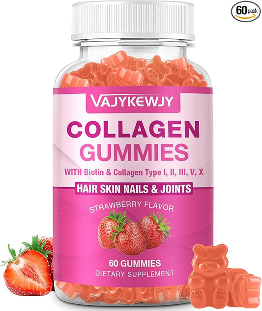 VAJYKEWJY Vegan Collagen Gummies for Women & Men - with Biotin, Vitamin C, & Zinc for Skin Radiance, Hair Growth, Strong Nails, & Joint Support, 60 Count