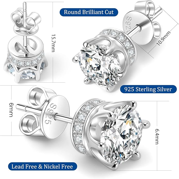 Moissanite Stud Earrings 1.2ct-2.4 ct DF Color Grade Round Cut Lab-Grown Moissanite Earrings 18K White Gold Plated Sterling Silver Friction Back for Women Men