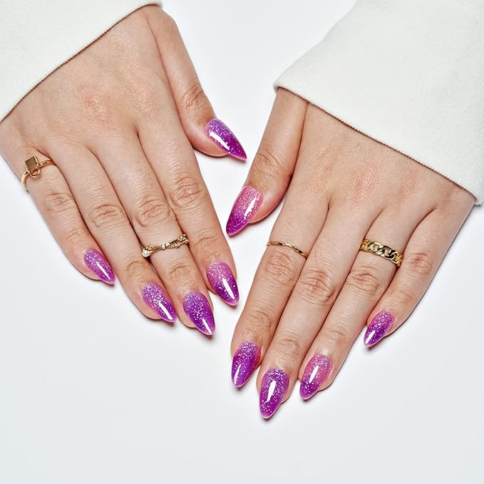 GLAMERMAID Thermo Purple Pink Press on Nails Medium Almond, Color Changing Ombre Handmade Gel False Nals, Stiletto Glue on Nails Kit for Women, Short Oval Stick on Acrylic Crush Fake Nail Manicure Set