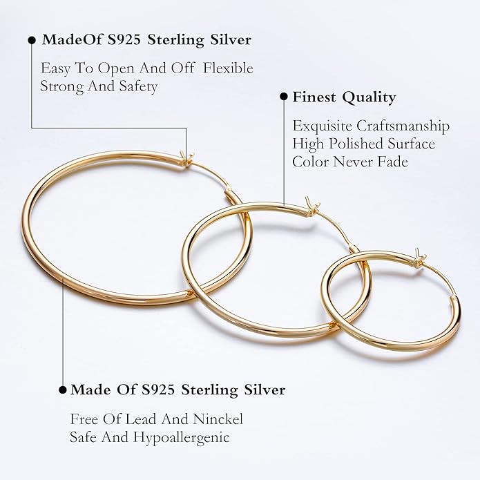 M MOOHAM 14K-Gold-Plated Hoop Earrings for Women - Hypoallergenic 14K Gold 925 Sterling silver-plated Post Sensitive Ears Nickel Free Hoops Earrings Set for Women Jewelry Lightweight 13-60mm