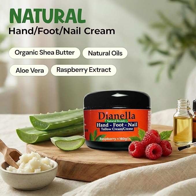 Natural Hand/Foot/Nail Cream. Organic ingredients, moisturizing, and skin nourishing. Raspberry Scent. (8oz)