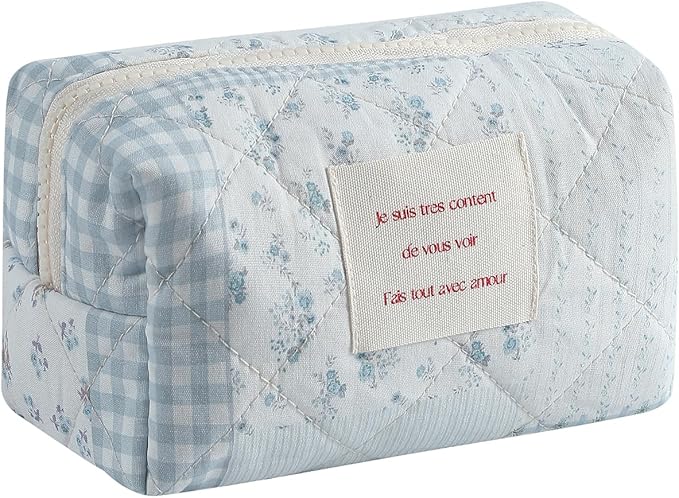 uekeboag Small Cute Floral Quilted Cotton Makeup Bag,Mini Coquette Quilted Cosmetic Pouch with Zipper,Kawaii Travel Toiletry Bags for Purse(01 Blue checked Flower)