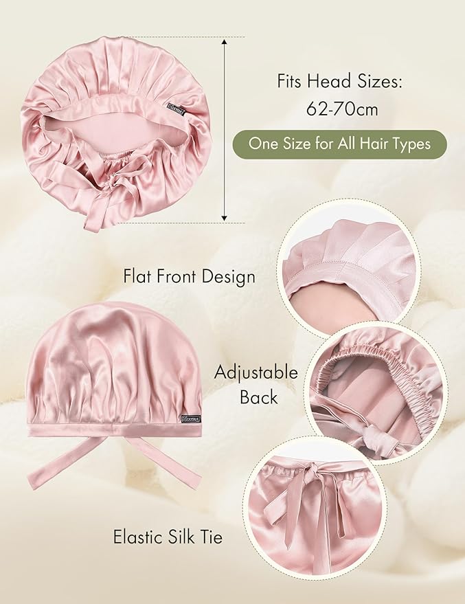 LilySilk 100% Mulberry Silk Bonnet, Silk Night Sleep Cap Adjustable Hair Wrap for Sleeping, Rosy Pink