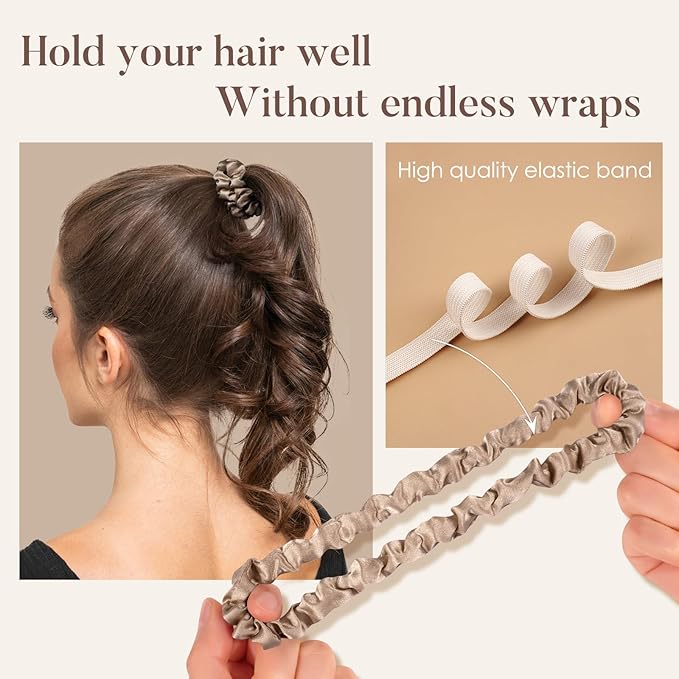 LULUSILK Small Silk Hair Ties No Damage, 100% Real Mulberry Silk, Skinny Scrunchies Ponytail Holders for Thin Fine Hair, Brown, Pack of 3