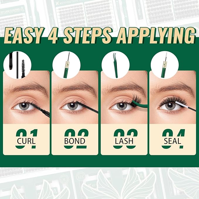 KEYYOU Lash Extension Kit 144pcs Thick Super Soft Lash Clusters,10-18mm D Curl Individual Lashes Kit with Bond and Seal Applicator and Brush Remover Easy to DIY at Home（PC03Kit-D-10-18MIX）