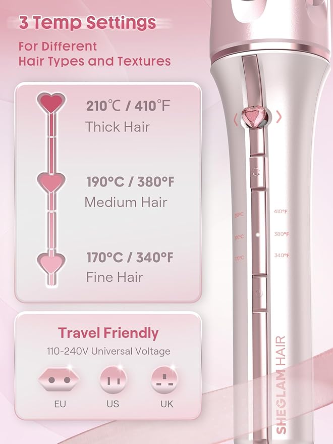 SHEGLAM Pink Curling Iron Automatic Gift for Woman (Pink, 0.75 inch) Cupid's Charm One-Touch Instant Curler