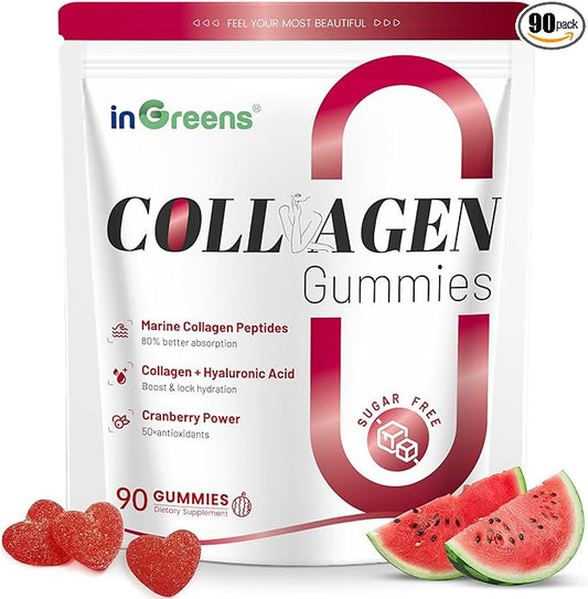 inGreens Collagen Peptides Gummies for Women - 5000mg Hydrolyzed Marine Collagen, Sugar Free with Type I,II,III & Biotin, 90 Count