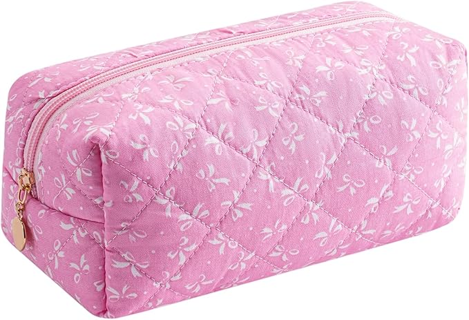 Cute Floral Makeup Bag Small Cotton Quilted Cosmetic Bag, Aesthetic Essential Bag Emergency Bag Gift for Women Girls Travel Accessories (Pink)