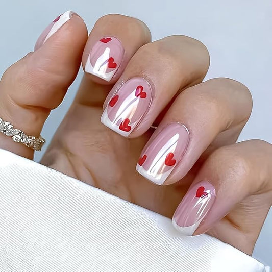 White French Tip Press on Nails Square - Short Fake Nails with Red Heart Design - Chrome Full Cover Stick on False Nails - for Women 24 Pcs