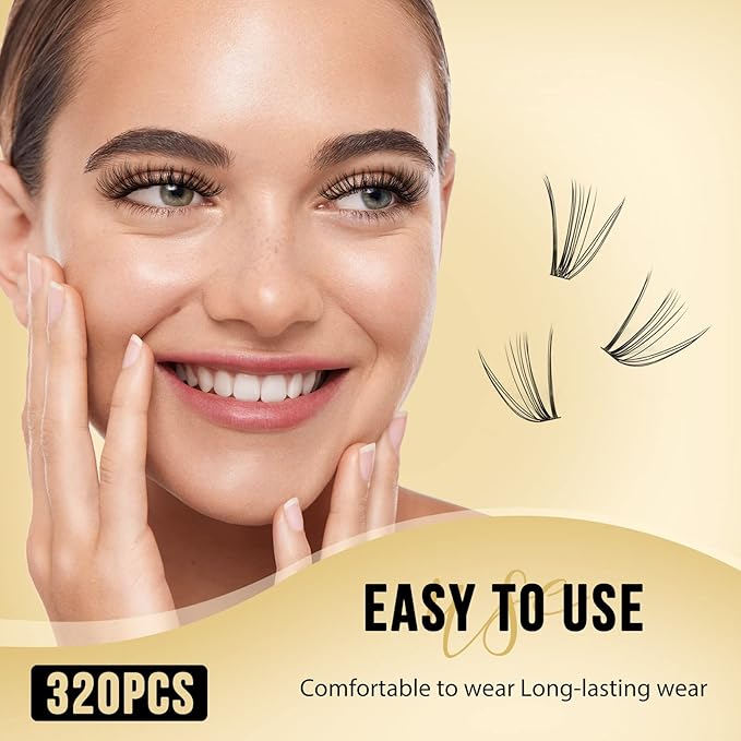 QUEWEL Lash Clusters 320Pcs Cluster Lashes 20D C Curl Lash Cluster Eyelash Extensions Mix12-18mm Individual Eyelashes Clusters Wispy Lash Clusters Thin Band Soft to Use at Home (20D C Mix12-18)