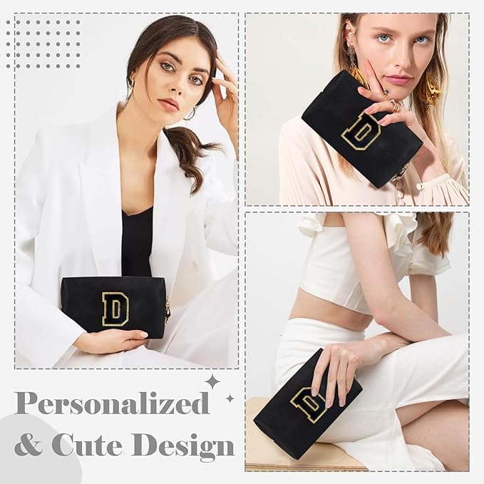 Personalized Initial A-Z Preppy Patch Makeup Bag,Small PU Chenille Letter Cosmetic Bag with Zipper for Teen Girls,Black Cute Toiletry Organizer Bag,Monogram Makeup Case Gift for Women Girls,Letter D