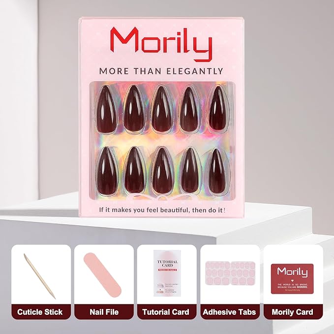 morily 24Pcs Wine Red Press on Nails Medium Length Stiletto False Nails Long Fake nails Glossy Acrylic Stick on Nails Solid Color Almond Full Cover Artificial Nails for Women (Wine Red)
