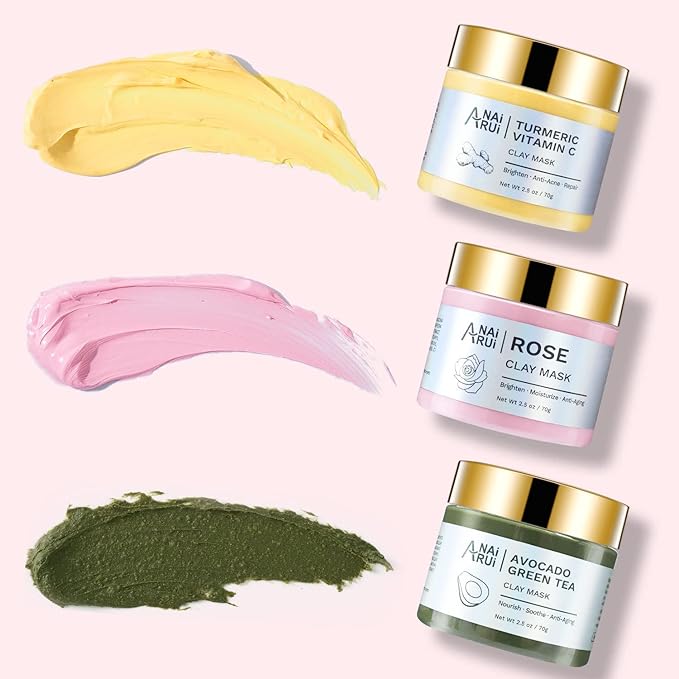 ANAI RUI 3 Pack Clay Mask Set Turmeric Vitamin C Clay Mask -Rose Facial Mask -Avocado Green Tea Mud Mask Smoothing, Hydration & Glow,Spa Gift Set, Valentines Day Gifts for Women/her 2.5 oz Each