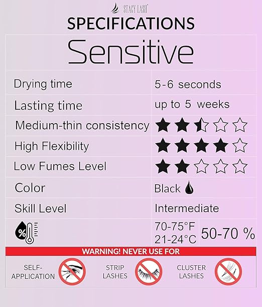 STACY LASH Sensitive Eyelash Extension Glue 0.34fl.oz/10ml / 5-6 Sec Drying time/Retention – 4-5 Weeks/Professional Black Adhesive/Lash Tech Supplies Includes Glue Ring