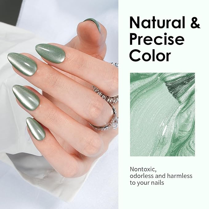 Canvalite Press On Nails Short Almond, 30Pcs Cat Eye Press on Nails Reusable Acrylic Fake Nails with Glue & Glue Remover Easy to Use Manicure Kit for Women, Green