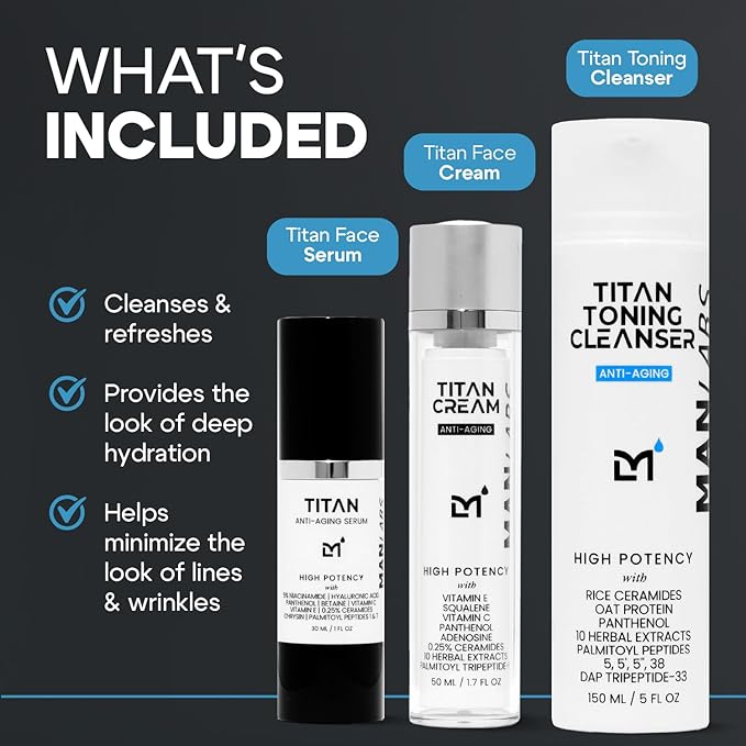 Man Labs Titan Anti-Aging Mens Skin Care Kit – Cleanser, Face Serum for Men, Face Moisturizer – Skin Care for Men – Dark Spots, Wrinkles, Fine Lines – Vitamin C, Niacinamide, Ceramides, HA – Unscented