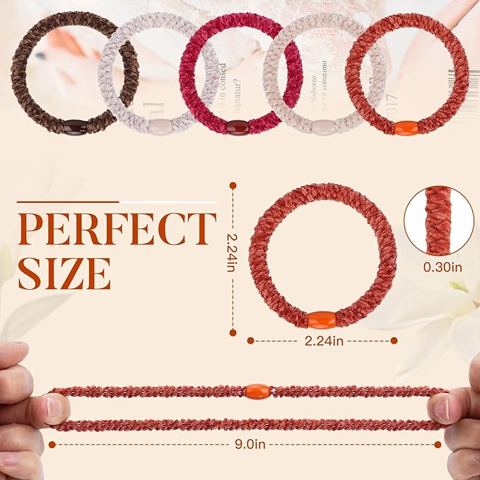 Braided Hair Ties No Damage, 10 Pcs Soft Plush Hair Bands for Women's Hair, Bracelet Hair Elastics & Ponytail Holders for Thick Hair - Ember Glow