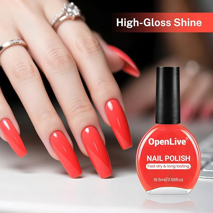 OpenLive 16.5ml Neon Red Nail Polish Glossy Shine Finish Large Volume Quick Dry Nail Polish, Long Lasting Shine, Fingernail Toenail Nail Art DIY Home Travel Nail Art Gift
