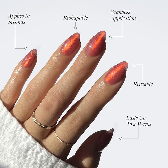 Glamnetic Press On Nails - Rose | Short Almond Rosy-Pink Nails with a Mesmerizing Metallic Finish | 15 Sizes - 30 Nail Kit with Glue
