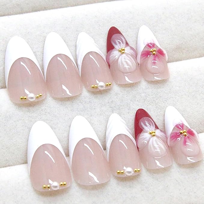 24Pcs White French Tip Press on Nails Almond Fake Nails Flower Pearl Design French Nails Press ons Cute Stick on Nails Medium for Summer, Acrylic Nails Full Cover Artificial Glue on Nails for Women