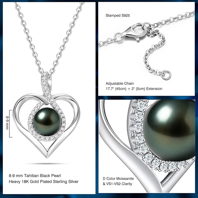 Genuine Tahitian Black Pearl Necklace for Women, 9-13mm AAAA Seawater Pearl - Sterling Silver Moissanite Pendant, Wedding Anniversary, Birthday, Christmas Gift for Wife, Mom, Girlfriend, Fine Jewelry