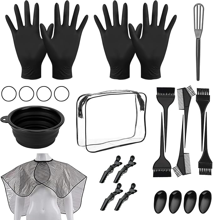 DINTSTYLE 26PCS Hair Dye Coloring Kit, Professional Hair Bleach Kit, Hair Coloring Products, Gloves, Storage Bag, Rubber Band, Ear Cap, Mixing Spoon, Shawl, Clips, Brush, Bowl, Black