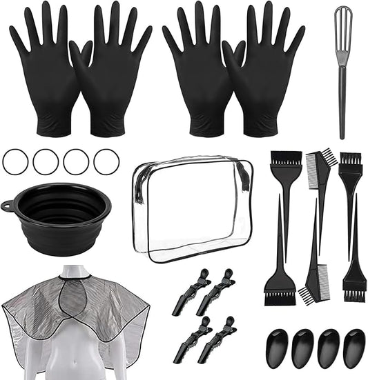 DINTSTYLE 26PCS Hair Dye Coloring Kit, Professional Hair Bleach Kit, Hair Coloring Products, Gloves, Storage Bag, Rubber Band, Ear Cap, Mixing Spoon, Shawl, Clips, Brush, Bowl, Black
