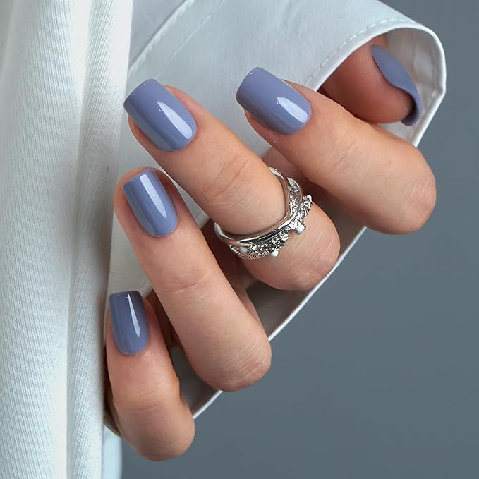 Curvlife Soft Gel Press on Nails, 30Pcs 15 Sizes Nail Tips, Bluish Violet Short Full Cover Design Reusable Fake Nails Kit with Glue and Adhesive Tabs