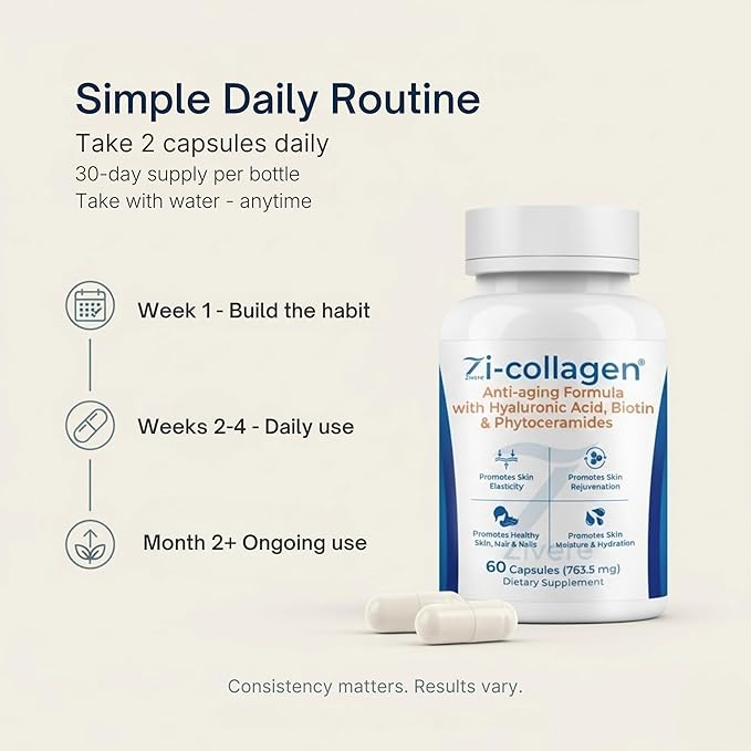 Zi-Collagen Marine Collagen Capsules for Skin, Hair & Nails - Advanced Beauty Formula with Phytoceramides, Hyaluronic Acid, Biotin & Vitamins A, C, D3 & E (60 Capsules)