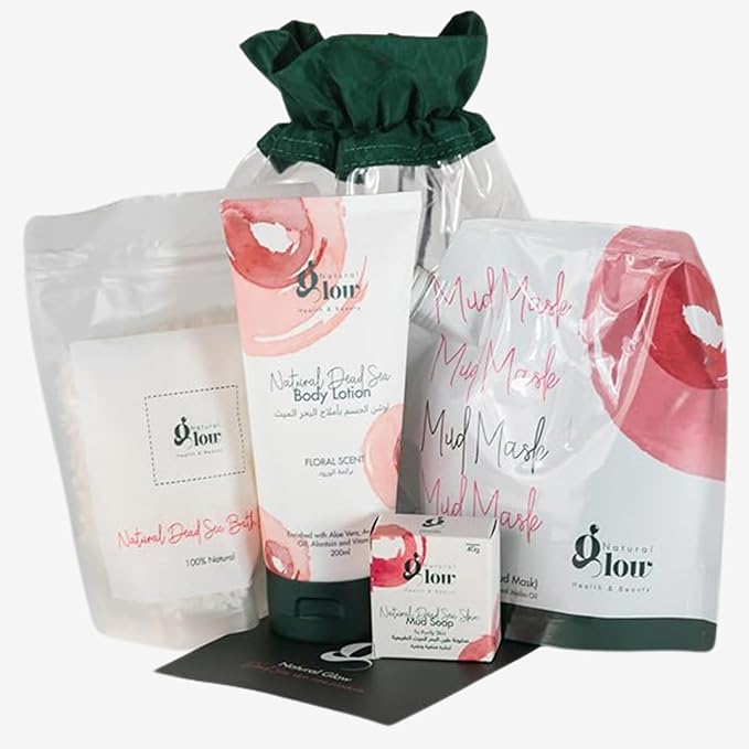 Natural Glow Dead Sea Skincare Gift Set – Mud Mask, Bath Salt, Body Lotion & Mud Soap – Detoxifying, Hydrating & Mineral-Rich Spa Kit for Face & Body – 100% Natural – Travel-Friendly Pouch (4-in-1)