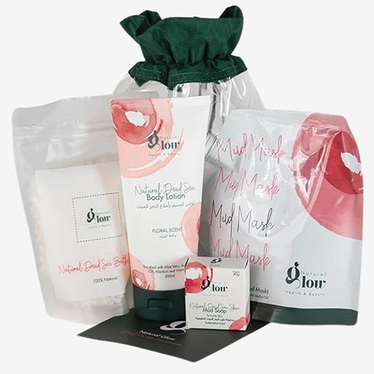 Natural Glow Dead Sea Skincare Gift Set – Mud Mask, Bath Salt, Body Lotion & Mud Soap – Detoxifying, Hydrating & Mineral-Rich Spa Kit for Face & Body – 100% Natural – Travel-Friendly Pouch (4-in-1)