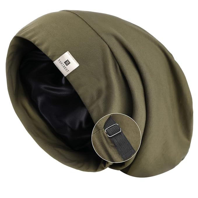 YANIBEST Silk Satin Bonnet Hair Wrap for Sleeping, Adjustable Slouchy Beanie for Women, Silk Lined for Curly Hair and Braids, Olive Green