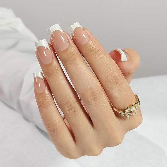 RPNZL Press On Nails - Ivory | French Tip, Medium Square UV Finish Fake Nails, Salon Quality | 32 Nails, 16 Sizes Kit with Glue and Adhesive Tabs I Female Founded