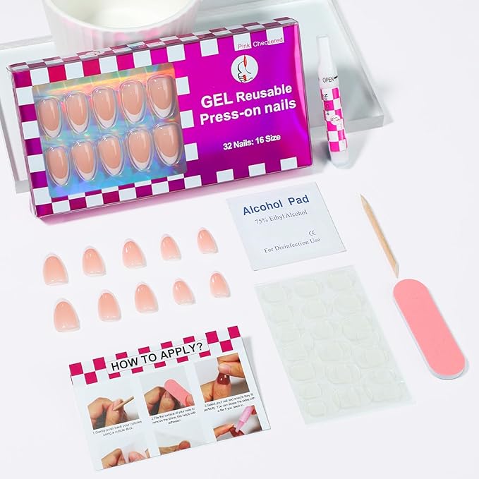 French Almond Gel Press On Nails Short 16 Sizes Fake Nails Glossy 32pcs, Nail Glue Included