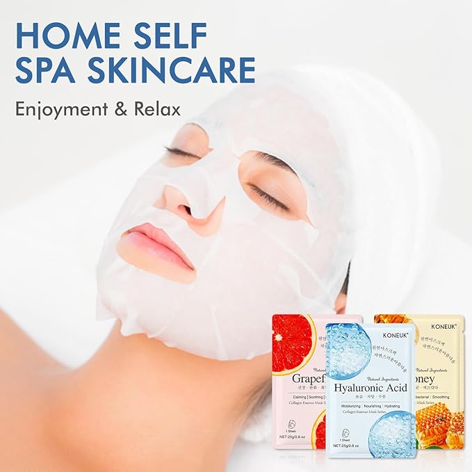 KONEUK 9 Pack Collagen Face Masks Skincare for Women, Hydrating Sheet Face Masks Suitable for All Skin Types, Bulk Facial Masks for Women Skin Care, Face Mask Gifts Set for Spa Party