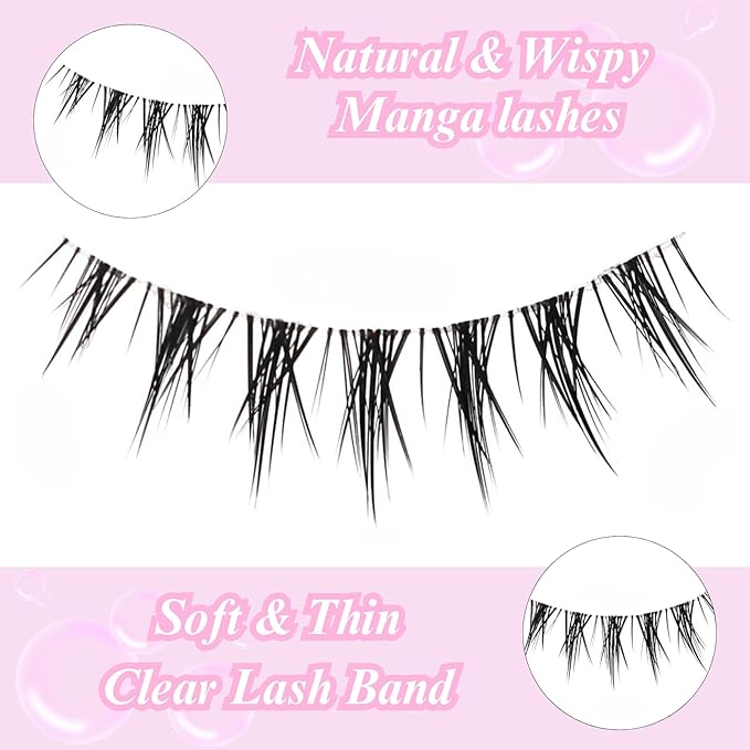 outopen 10 Pairs Manga Lashes Natural Look False Eyelashes Wispy Spiky Anime Lashes Korean Japanese Asian Style Cosplay Fake Eyelashes with Clear Band