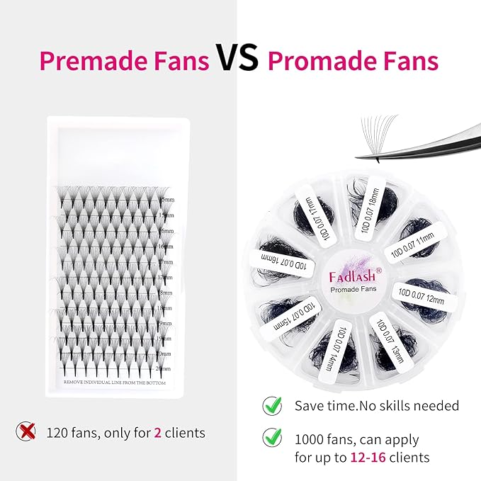 Lash Extension 1000 Fans/Tray Mixed Premade Fans Eyelash Extensions D Curl Promades Eyelash Volume Lash Extensions Loose Fans Pre Made Volume Lashes Pointed Base (10D-0.07D, 11-18mm)