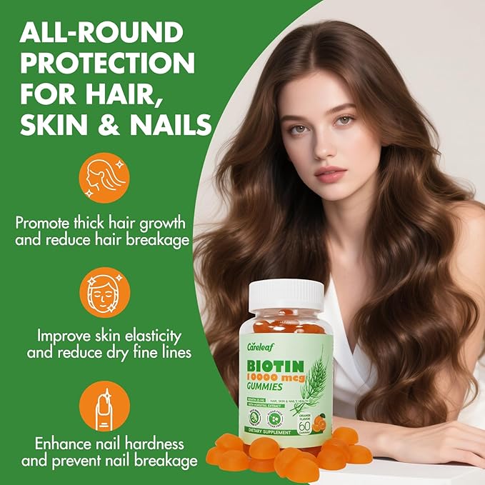 careleaf Biotin Gummies, Hair Growth Gummies with 10000 mcg Biotin/Collagen/Keratin, Hair Vitamins for Fuller Hair, Stronger Nails, Glowing Skin, Beauty Support for Women, 60 Count, Orange Flavor