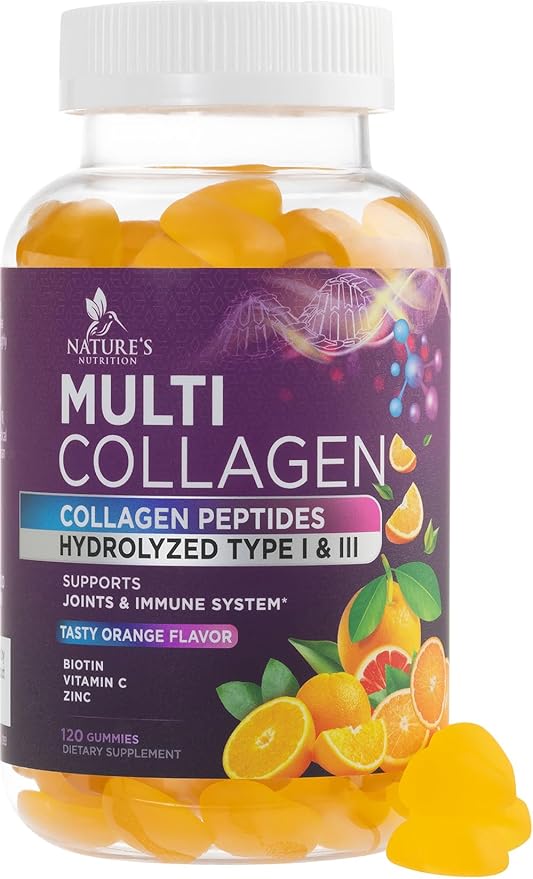 Collagen Gummies with 2500 mcg Biotin - Hydrolyzed Peptides Protein Type I & III Multi Collagen Supplement with Vitamin C & Zinc - Support for Hair, Skin, Nails, Tasty Orange Flavor - 120 Gummies