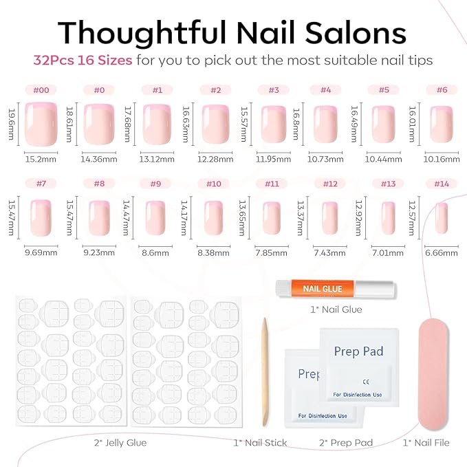 Modelones French Tip Press on Nails Short, Square Valentines Fake Nails, Reusable Nail Kit with Nail Glue Adhesive Tabs Mini Nail File, Nails Press Ons 32Pcs 16Sizes, Women Girl Gift, Pink