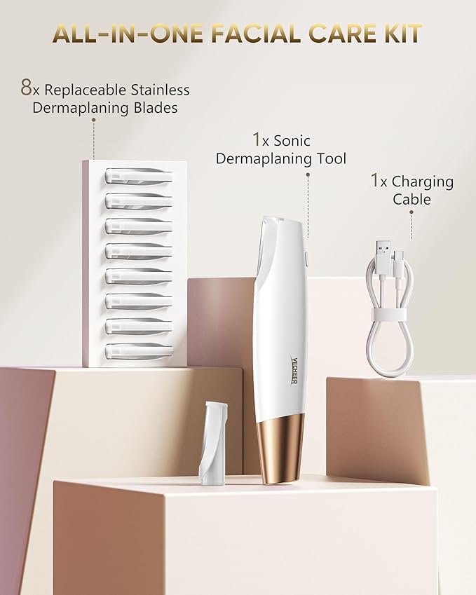 Yecheer Dermaplane Razor for Women Face: Sonic Dermaplaning Tool for Smooth&Flawless Skin - Professional Peach Fuzz Remover w/LED Light&8 Refill Blades - Non-Irritating Electric Facial Hair Removal