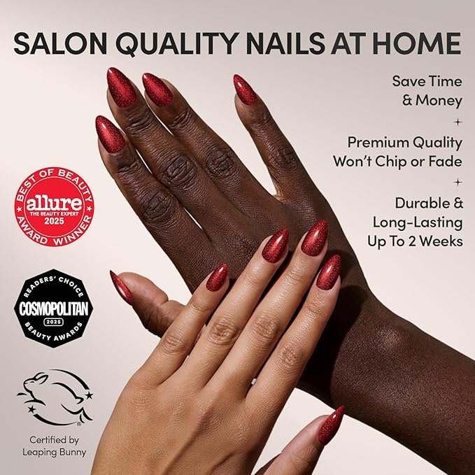 Glamnetic Press On Nails - Ruby Slipper | Deep Red Sparkly Short Almond Fake Nails with a Velvet Finish, Salon Quality | 15 Sizes - 30 Nail Kit with Glue