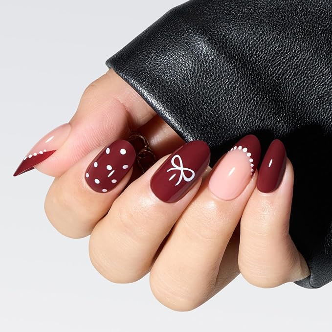 Modelones Red Press on Nails Almond, New Years Polka Dot Short Almond Fake Nails, Reusable Nail Kit with Nail Glue Adhesive Tabs Mini Nail File Nails Press Ons 32Pcs 16 Sizes, Women Girl Gift