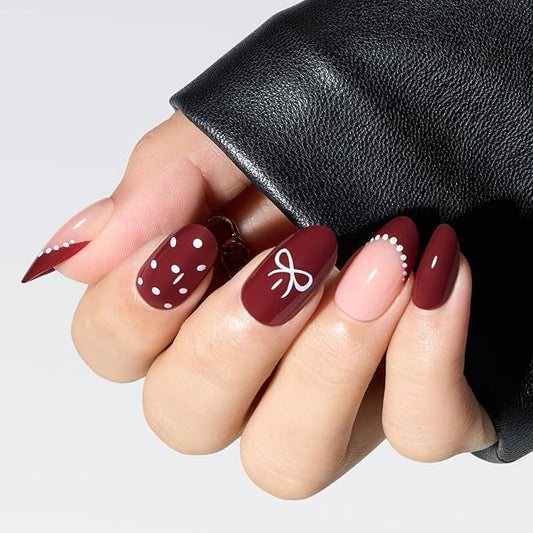 Modelones Red Press on Nails Almond, New Years Polka Dot Short Almond Fake Nails, Reusable Nail Kit with Nail Glue Adhesive Tabs Mini Nail File Nails Press Ons 32Pcs 16 Sizes, Women Girl Gift