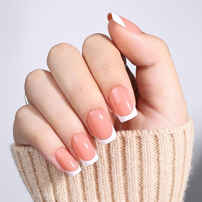 Leefrei French Tip Press On Nails - Short Square Peach-toned Nude Press on Nails Glossy Nails Press Ons for Women DIY Fake Nails Kit with Glue, Reusable Glue on Nails in 16 Sizes - 32pcs, Peach Tip