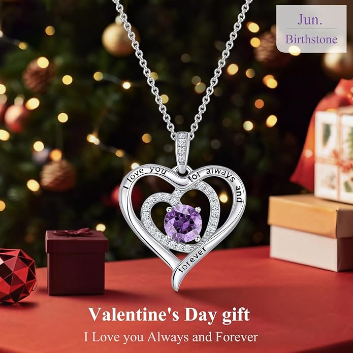 S925 Sterling Silver Necklace for Women, Valentines Day Gifts for Her, Love Heart Birthstone Necklaces for Women, Wife Jewelry, Mom Birthday Valentines Mothers Day Gifts, Girlfriend Necklaces, Daughter Heart Jewel, Anniversary for Her