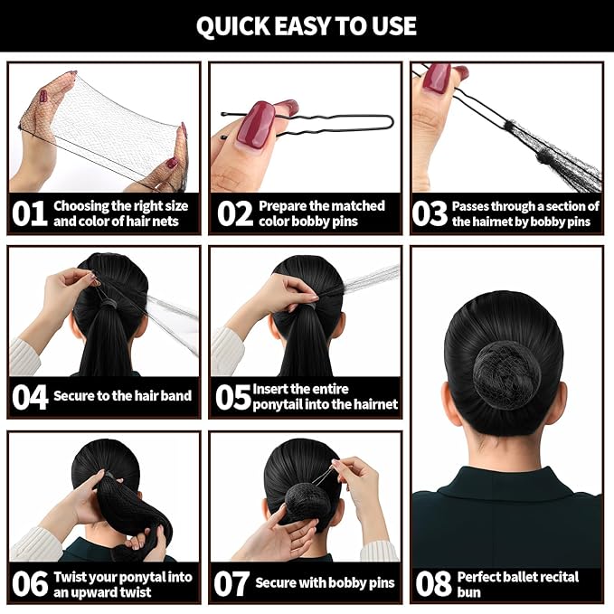 80Pcs Hair Net Set，30 Invisible Elastic Nylon Hair Net，40 U-Shaped Hair Pins and 10 Elastic Hair Ties,Suitable for Ballet Bun, Food Service, and Everyday Use（Black）